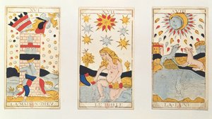Drie tarotkaarten met afbeelding van De Toren, De Ster en De Maan (gekleurde houtsnede)