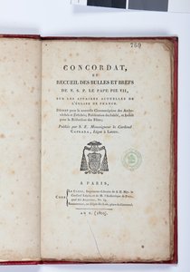 Titelpagina van de Concordat et Recueil des bulles et brefs de N. S. P. le Pape Pie VII, uitgegeven door Giovanni Battista Caprara, Parijs, Chez Le Clers, 1802
