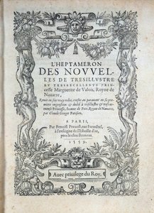 Titelpagina van de Heptameron: verhalen of nieuws door Margarita van Navarra (Marguerite van Valois, Marguerite van Angoulême of Marguerite van Frankrijk (1492-1549) Koningin van Navarra en dichteres door French School