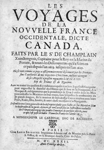 Titelpagina voor Les Voyages de la Nouvelle France... gepubliceerd in 1632 door French School