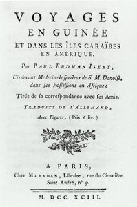 Titelpagina voor Reizen naar Guinee en de Caraïbische Eilanden in Amerika door Paul Erdman Isert, gepubliceerd 1743