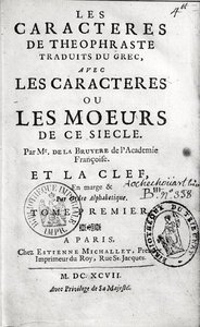 Titelpagina van Theophrastus Les Characteres ou les Moeurs vertaald door Jean de la Bruyere (1645-96) 1697 door French School