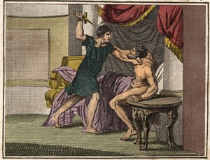 Titus Manlius Torquatus, gewapend met een mes, dwingt de tribuun Marcus Pomponius om beschuldigingen tegen zijn vader Lucius Manlius Capitolinus Imperiosus in te trekken.