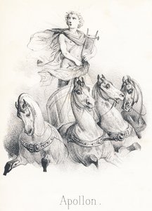 Aan Apollo: Deze God was de zoon van Jupiter en Latona, genaamd Phebus in de hemel wanneer hij de wagen van de zon leidde, getrokken door vier paarden door French School
