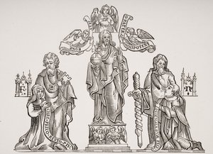 Grafdecoratie die Nicholas Flamel (ca. 1330-ca. 1418) en zijn vrouw Pernelle afbeeldt, naar decoraties in het Cimetière des Innocents, Parijs, uit Le Moyen Age et La Renaissance door Paul Lacroix (1806-84) door French School