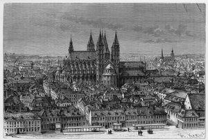 Tournai: buitenaanzicht van Notre-Dame en panorama van de stad. Gravure door Barclay, ter illustratie van het verhaal 