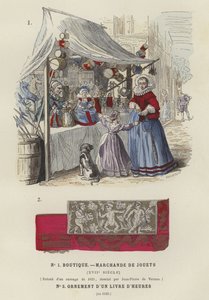 Speelgoedkraam, 17e eeuw, en decoratief detail uit een getijdenboek, 1520