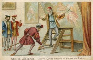 Handelskaart met afbeelding van Karel V die de kwast van Titiaan oppakt door French School