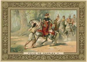 Handelskaart met een afbeelding van een aanval op koning Karel VI van Frankrijk door French School