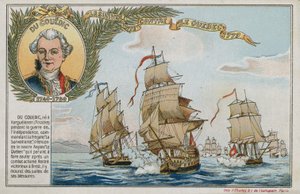 Handelskaart met een afbeelding van de Surveillante tegen HMS Quebec