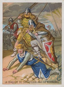 Handelskaart met een afbeelding van de verovering van Engeland door de Normandiërs door French School