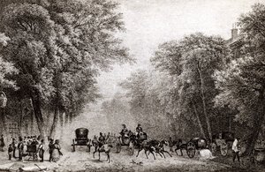 Verkeer in Parijs, Frankrijk, in de 19e eeuw, circa 1830 door French School
