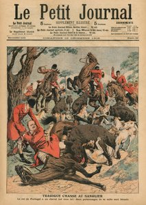 Tragische zwijnenjacht, het paard van Carlos I, koning van Portugal, wordt onder hem gedood, voorpagina illustratie uit 