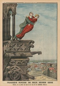 Tragische zelfmoord van twee jonge mensen vanaf de toren van de kathedraal in Antwerpen, achteromslag illustratie uit 