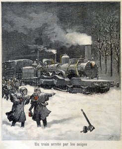 Trein gedwongen te stoppen door sneeuw. Illustratie van de krant 