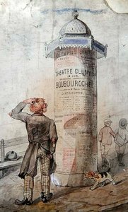Zwerver die naar een poster kijkt die Courteline