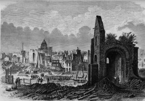 Transformaties van Parijs onder het Tweede Keizerrijk, Haussmanns Parijs: ruïnes van de kerk Saint Marcel, op het plein van de Collegiale, blootgelegd door de aanleg van de boulevard Arago door French School