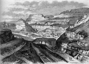 Transformaties van Parijs onder het Tweede Keizerrijk, Parijs Haussmann: transformatie van de gipsgroeven van Buttes-Chaumont (Buttes Chaumont) in een park. Gravure in 