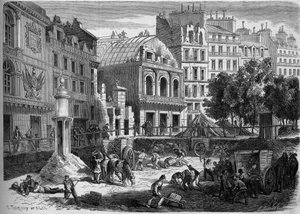 Transformaties van Parijs onder het Tweede Keizerrijk, Haussmann Parijs: sloop van theaters van de Tempel voor het doorbreken van de Boulevard du Prince Eugene (vandaag, boulevard Voltaire). Gravure in 