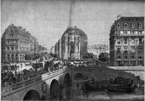 Transformaties van Parijs onder het Tweede Keizerrijk, Haussmann Parijs: uitzicht op de fontein Saint Michel (1860) op de Boulevard de Sebastopol. Gravure in "Le Monde Illustré" nr. 175 van 18 augustus 1860. door French School