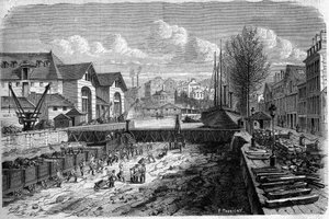 Transformaties van Parijs onder het Tweede Keizerrijk, Haussmann Parijs: werken uitgevoerd voor de verlaging van het waterlichaam van het Canal Saint Martin. Gravure in 
