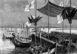 Overbrenging van de as van Luis Vaz de Camoes en Vasco de Gama, Portugal, 9 juni 1880: inscheping in de haven van Belem van de resten van de dichter Luis Vaz de Camoes, bekend als de Camoans, en de navigator Vasco de Gama. Gravure in L door French School