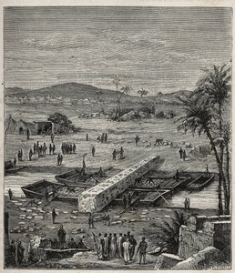 Transport van de obelisk van Ptolemee Philadelph (Ptolemaios Philadelphos) (Ptolemee II) op de Nijl naar Alexandrië - Gravure in "Wetenschappen beschikbaar voor iedereen - Populaire natuurkunde en scheikunde" door Alexis Clerc - Eind 19e eeuw - Privécollec door French School