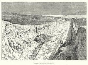 Werken aan het Kanaal van Korinthe (gravure) door French School