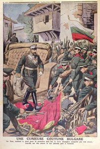 Tsaar Ferdinand I (1861-1948) van Bulgarije loopt over veroverde vlaggen tijdens de Balkanoorlog van 1912, november 1912 door French School
