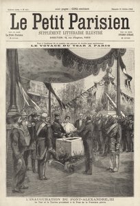 Tsaar Nicolaas II en Tsarina Alexandra van Rusland bij een ceremonie voor het leggen van de eerste steen van de Pont Alexandre III in Parijs tijdens hun bezoek aan Frankrijk