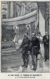 Tsaar Nicolaas II van Rusland en Tsarina Alexandra Fiodorovna Romanova voor het graf van Napoleon I Bonaparte in het Hotel des Invalides in Parijs, in "Le Petit Parisien" door French School