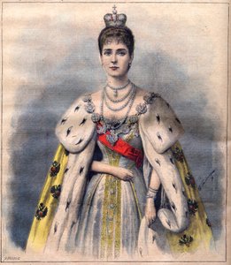 Tsarina Alexandra van Rusland in haar kroningsgewaden - Tsarina Alexandra Fjodorovna in het gewaad van de heilige. Illustratie voor Le Petit Journal, 24 mei 1896 (gravure) door French School