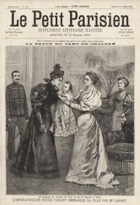 Tsarina Alexandra van Rusland nodigt de weduwe van de Franse president Sadi Carnot uit om haar dochter, Groothertogin Olga, te kussen tijdens het bezoek van de Russische Keizerlijke Familie aan Parijs