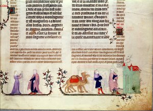 Twee scènes uit het verhaal van Rebecca bij de bron, uit De Bijbel van Jean de Sy, ca.1355