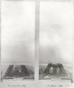 Twee uitzichten op de bouw van de Eiffeltoren, Parijs, 12 december 1887 en 15 maart 1888