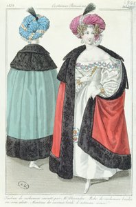 Twee vrouwen met tulbanden, jurken en mantels van kasjmier, uit Costumes Parisiens, 1831 door French School