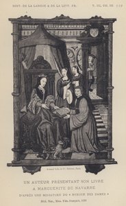 Een auteur presenteert zijn boek aan Marguerite De Navarre (litho) door French School