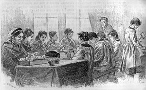 Een atelier van jonge meisjes met een verstandelijke beperking in de Salpetriere in Parijs, in 