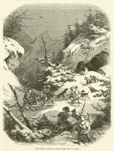 Een berenjacht, in de feodale tijd, in de Alpen door French School