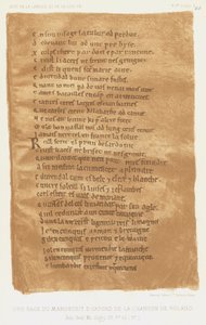 Een pagina uit het Oxford-manuscript van het Lied van Roland (kleur litho) door French School