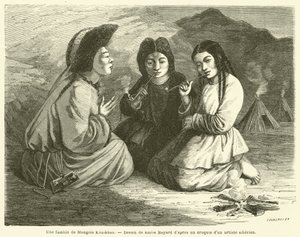 Een familie van Khalkha-Mongolen (gravure) door French School