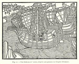 Een vloot in de 15e eeuw; naar een gravure uit de Vergier d