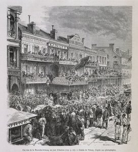 Een straat in New Orleans op verkiezingsdag 1875 - in "Le Tour du Monde", 2e semester 1876