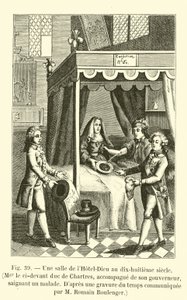 Een zaal van het Hotel-Dieu in de achttiende eeuw, Mgr de voormalige hertog van Chartres, vergezeld door zijn gouverneur, bloedt een zieke, Naar een gravure uit die tijd verstrekt door M. Romain Boulenger door French School