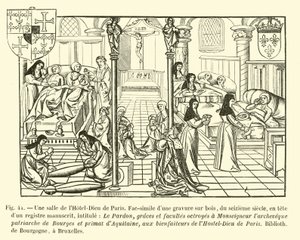 Een zaal van het Hotel-Dieu van Parijs door French School