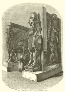 Een zaal van het nieuw opgerichte Assyrische museum in het Louvre (gravure) door French School