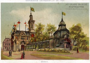 Wereldtentoonstelling van 1889. Het paviljoen van Brazilië. Parijs Batignolles. Chromolithografie eind 19e eeuw.