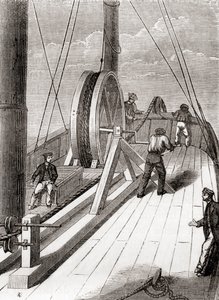 Het afwikkelen van de Dover naar Calais onderzeese kabel aan boord van de Blazer, 25 december 1851, uit Les Merveilles de la Science, gepubliceerd ca.1870 (gravure)