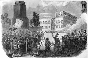 Opstand in Bologna: omverwerping van de pauselijke regering onder Gregorius XVI Paus van 1831 tot 1846. Gravure in 