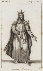 5e eeuw, Regeerperiode van Clovis I, Clovis I, eerste christelijke koning (gravure) door French School